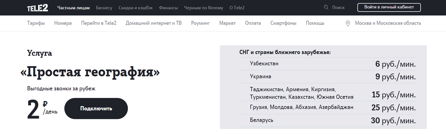Услуга Теле2 "Простая география"