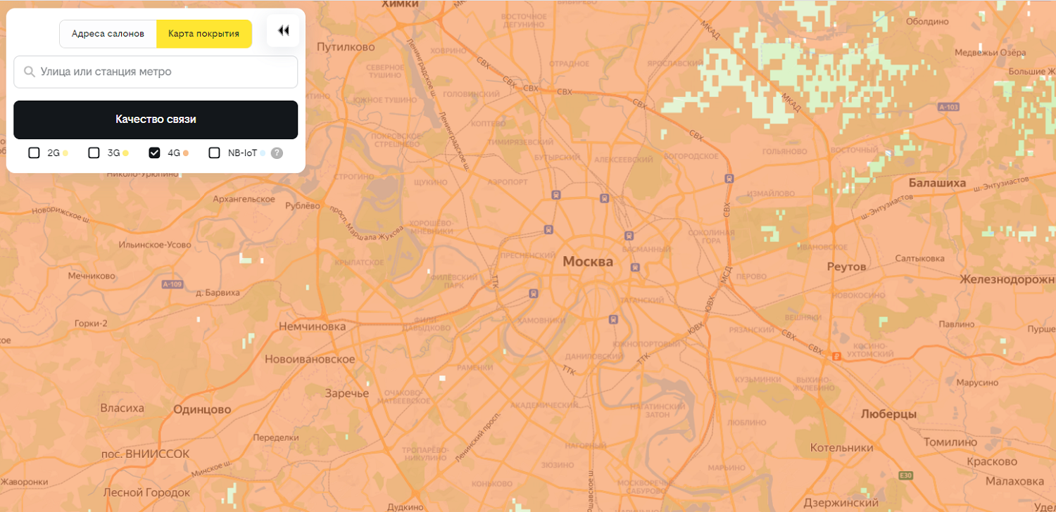 Карта покрытия 4G билайн в Московской области