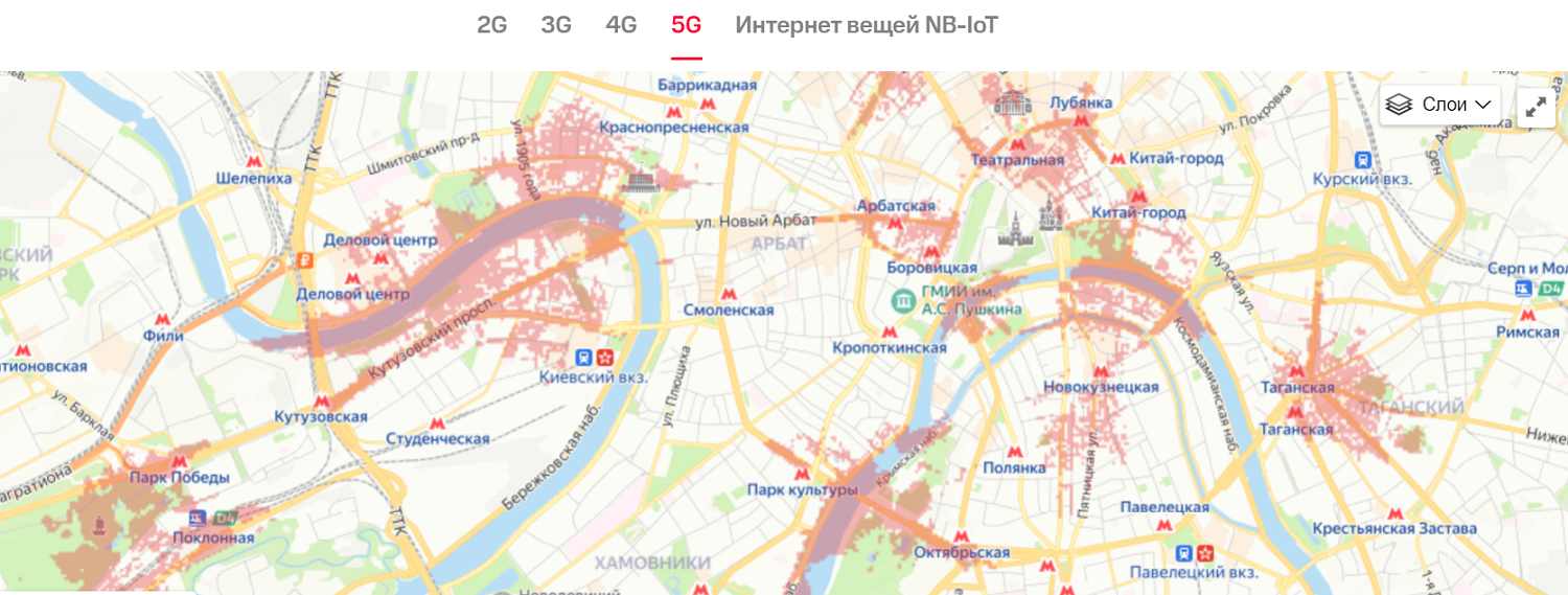 Карта покрытия тестовых зон 5G в Москве от МТС